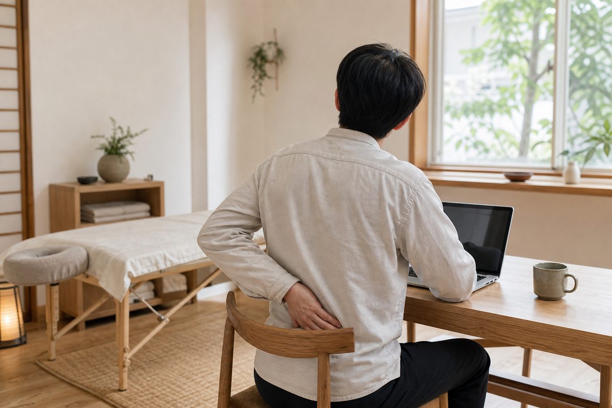 デスクワークで腰に手を当てる人