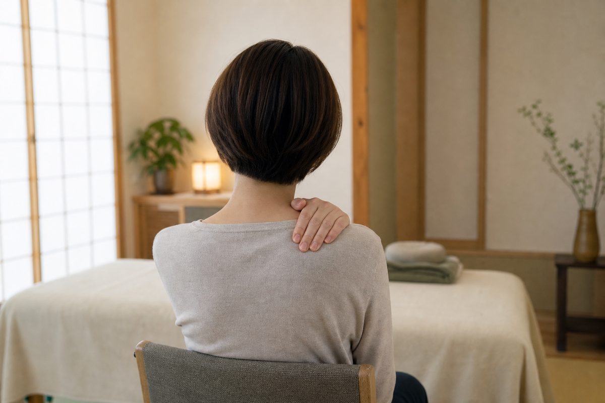 肩に手を当てる人の後ろ姿